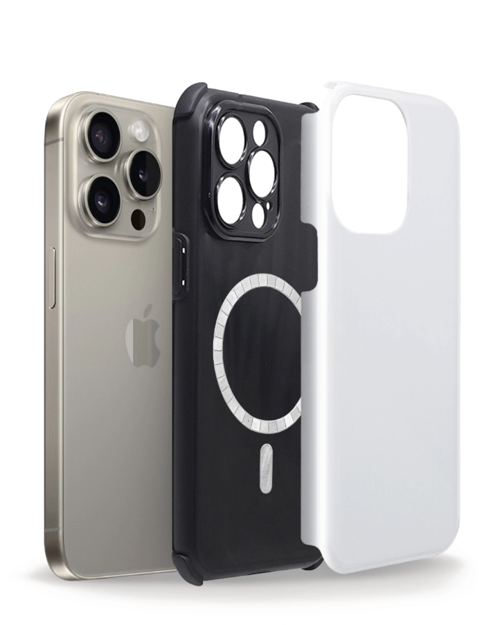 Three phone cases with different designs and text on a white background