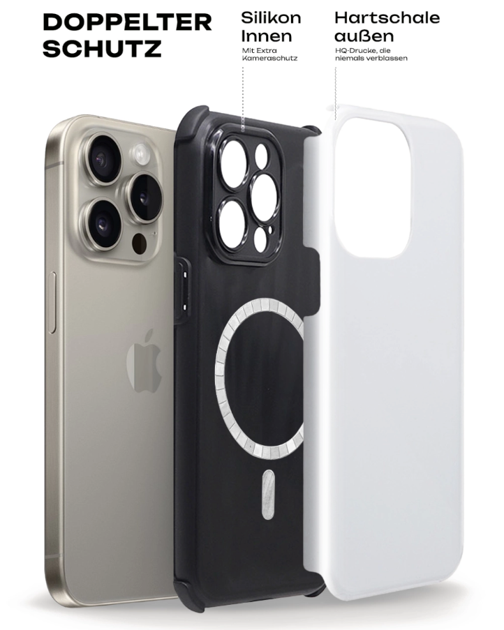 Three phone cases with different designs and text on a white background
