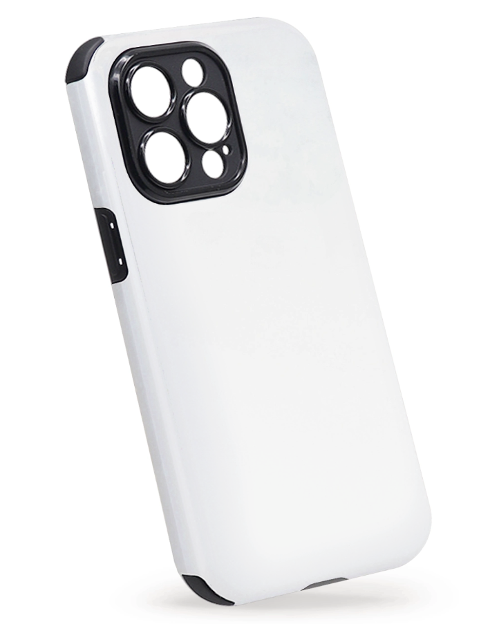 White phone case with black accents on a white background