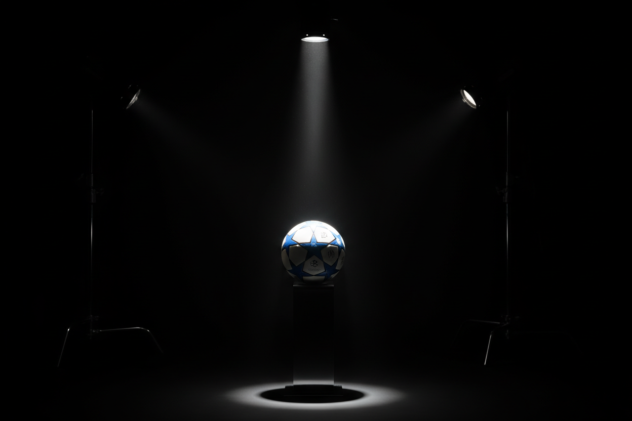 A black dark studio background, with a stand with a spotlight in the middle, with a uefa champions league football ball